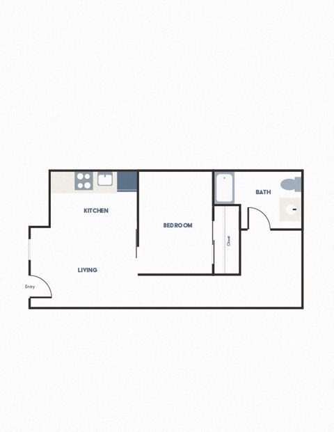 A floor plan of a small apartment with a kitchen, living room, bedroom, and bathroom.